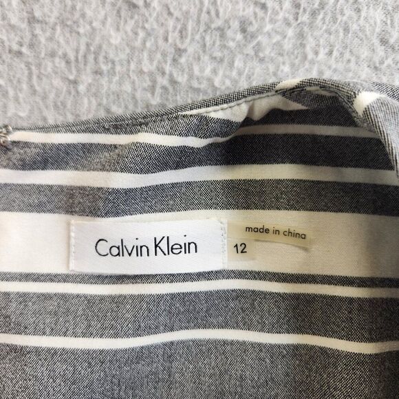 Calvin Klein Dress Womens 12 Gray Striped Career Belted Lined Knee Length Pleats - Picture 8 of 14
